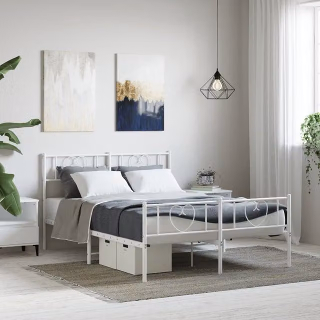 Berkfield Home Metal Bed Frame with Headboard and Footboard in White, W/D/H: 120 x 190 cm