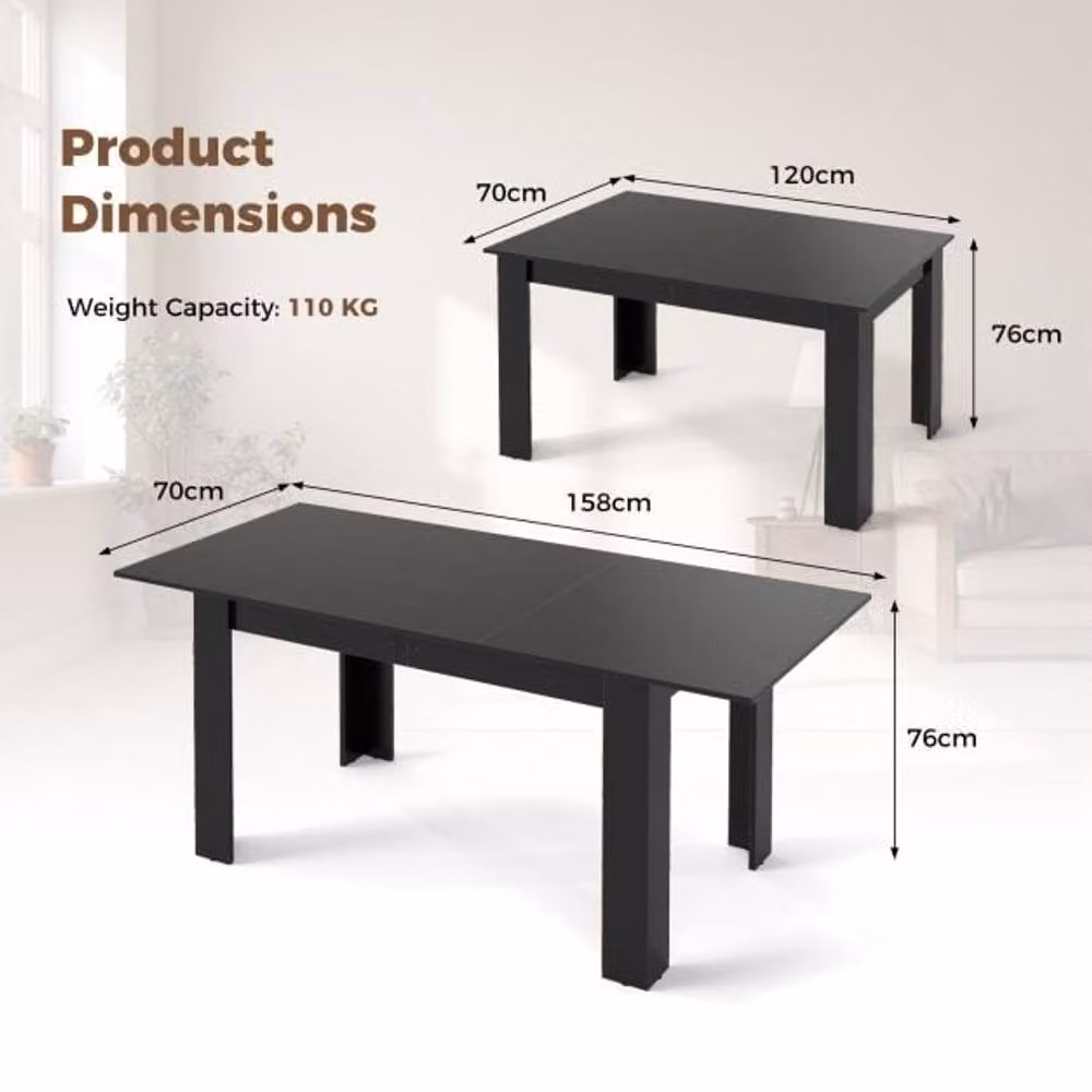 Costway Extendable Modern Rectangular Dining Table with L-shaped Legs, Black – 3