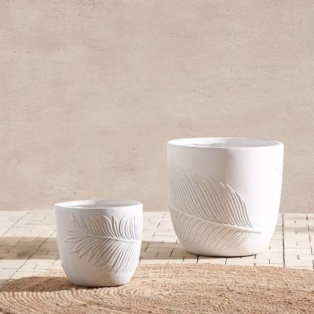 Wyld and Coco White Leaf Motif Round Fibre-Clay Planter, Diameter: 42 cm