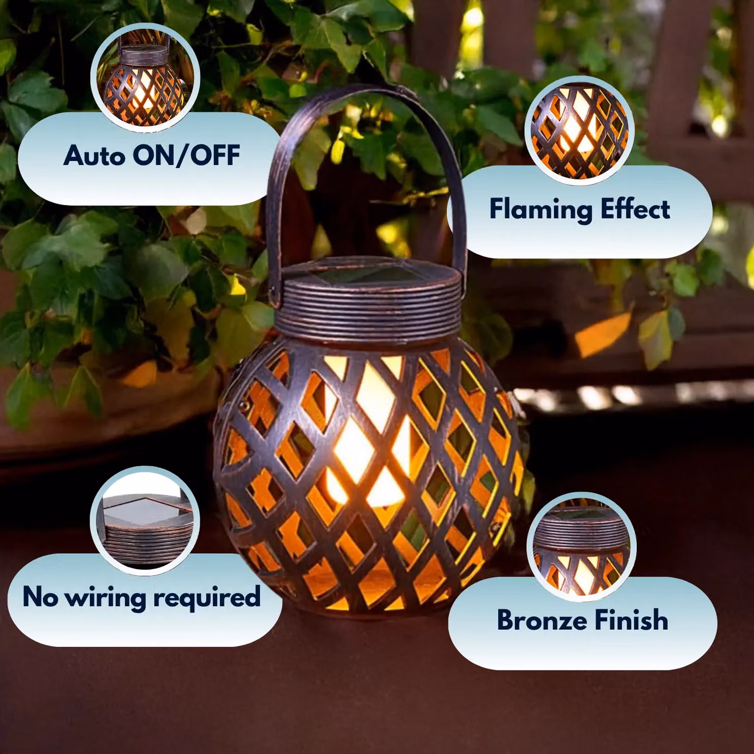 Marco Paul Silver Distressed Metal Flame Effect Solar Lantern in Black, H 20 cm – 7