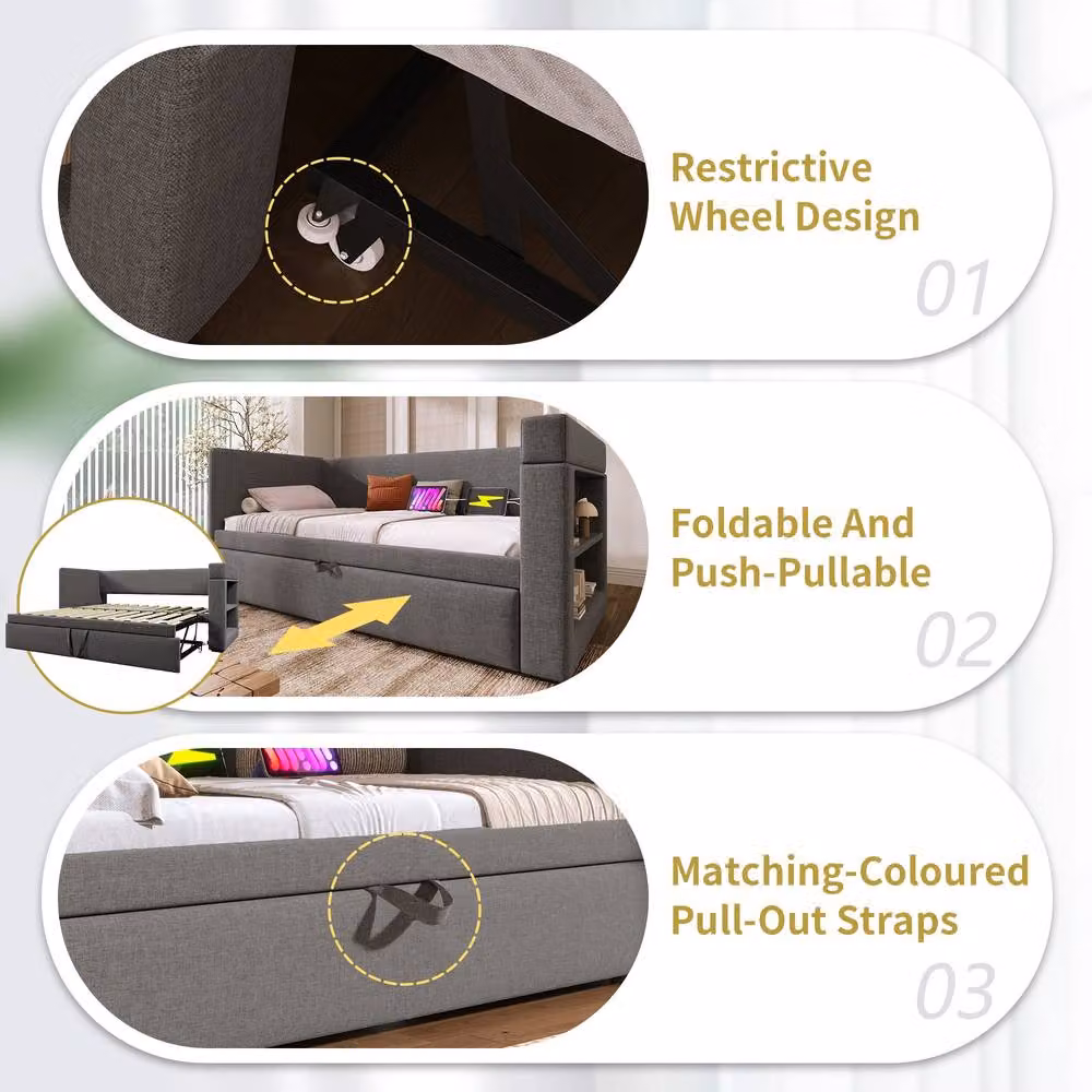 Rolipo Grey Upholstered Single Daybed with Trundle, USB Charging Ports and Side Compartments, W/D/H: 90 x 190 cm – 5