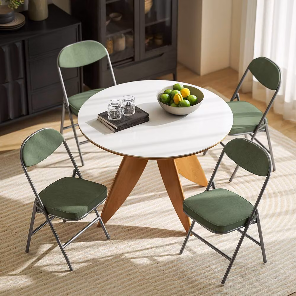 STILVORA Set of Four Green Corduroy Upholstered Folding Chairs with Metal Frame – 7
