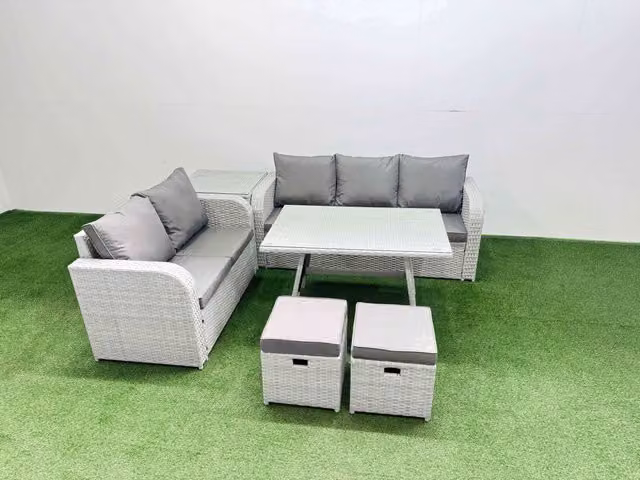Fimous Rectangular Dining Table and Sofa Set with 2 Small Stools and Side Table in Light Grey