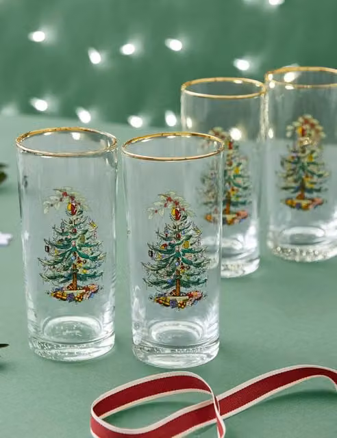Spode Set of 4 Multicolour Christmas Tree Hi Ball Tumbler Glasses with Gold Details