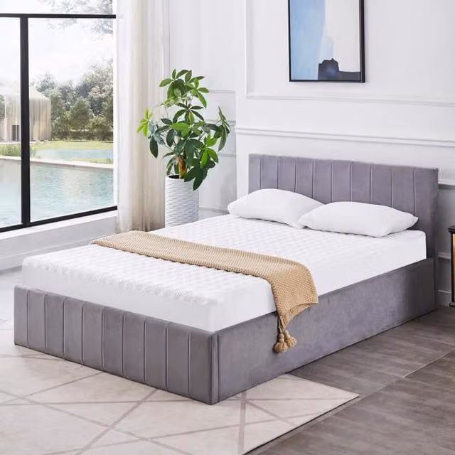 Kosy Koala Grey Velvet Upholstered Small Double Ottoman Bed with Gas Lift Storage and Striped Pattern, W/D/H: 120 x 200 x 136 cm