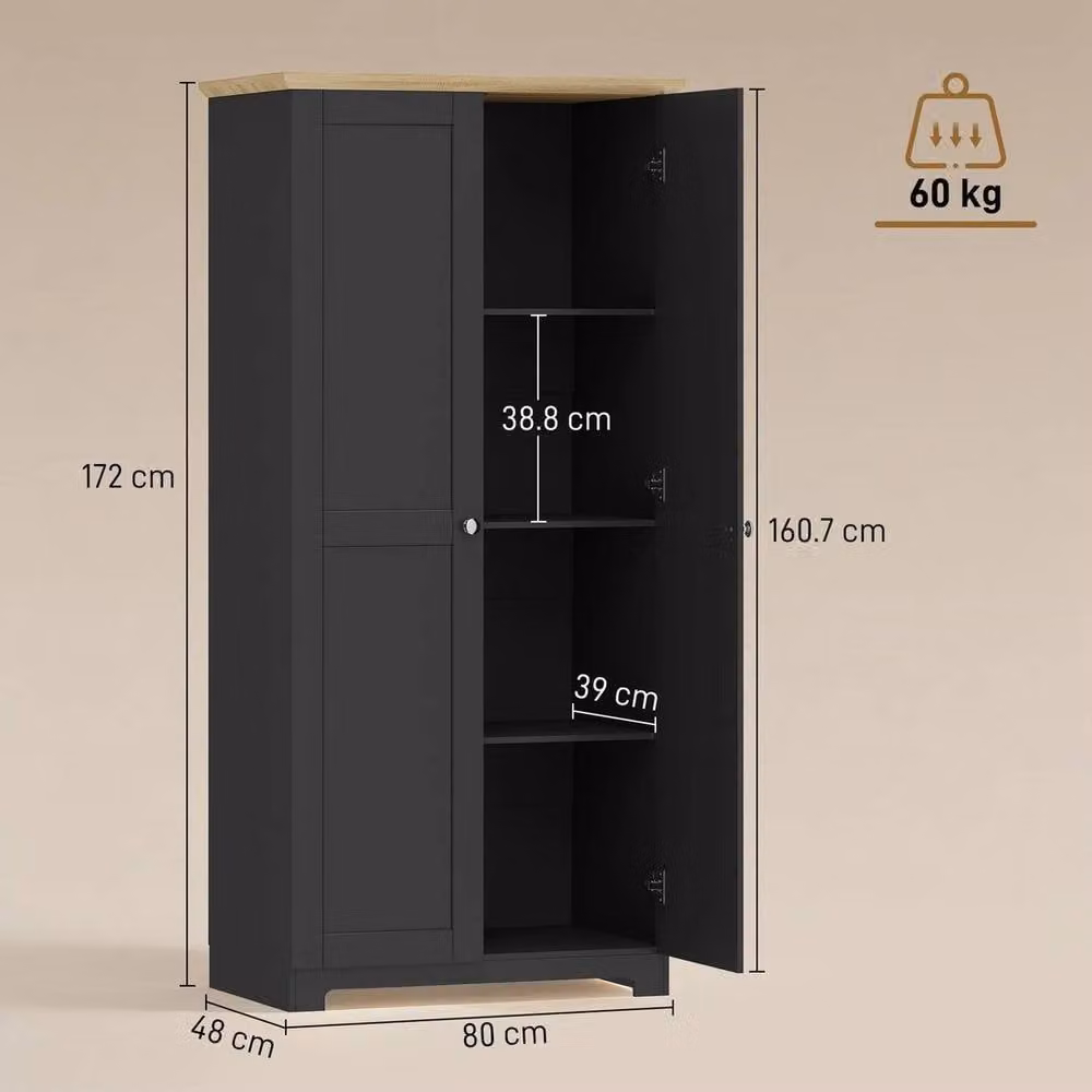 FORGEVIO Black Wooden Storage Cabinet with 4 Shelves and Hinged Doors, H 172 x W 80 x D 48 cm – 2