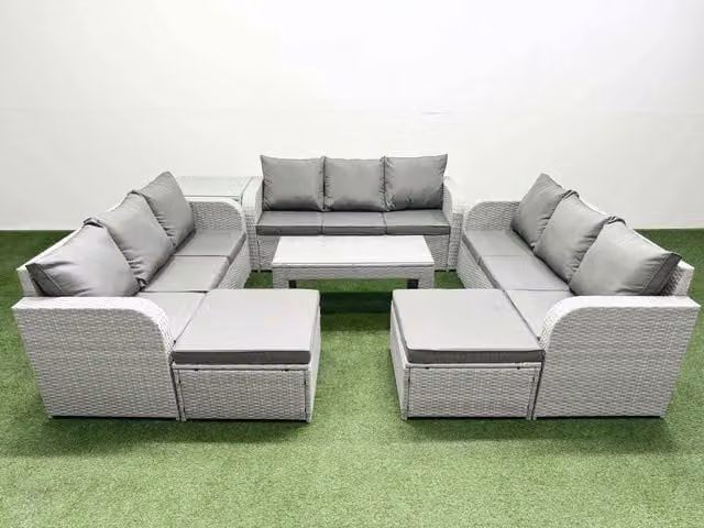 Fimous 11 Seater PE Rattan Outdoor Garden Lounge Sofa Set with Oblong Coffee Table, 3 Seater Sofa, 2 Big Footstools and Side Table in Light Grey