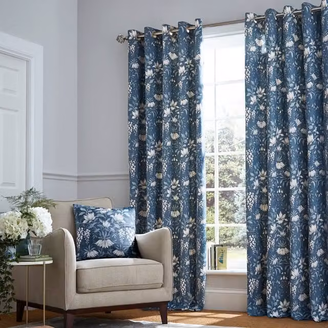 Laura Ashley Parterre Ready Made Eyelet Curtains in Seaspray Blue and White Floral Cotton
