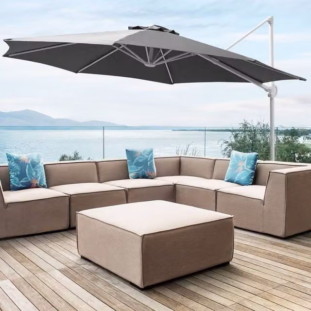 Wyld and Coco Garden Sun Parasol with 360 Degree Swivel, Dark Grey Polyester Canopy and White Aluminium Pole, Diameter: 295 cm
