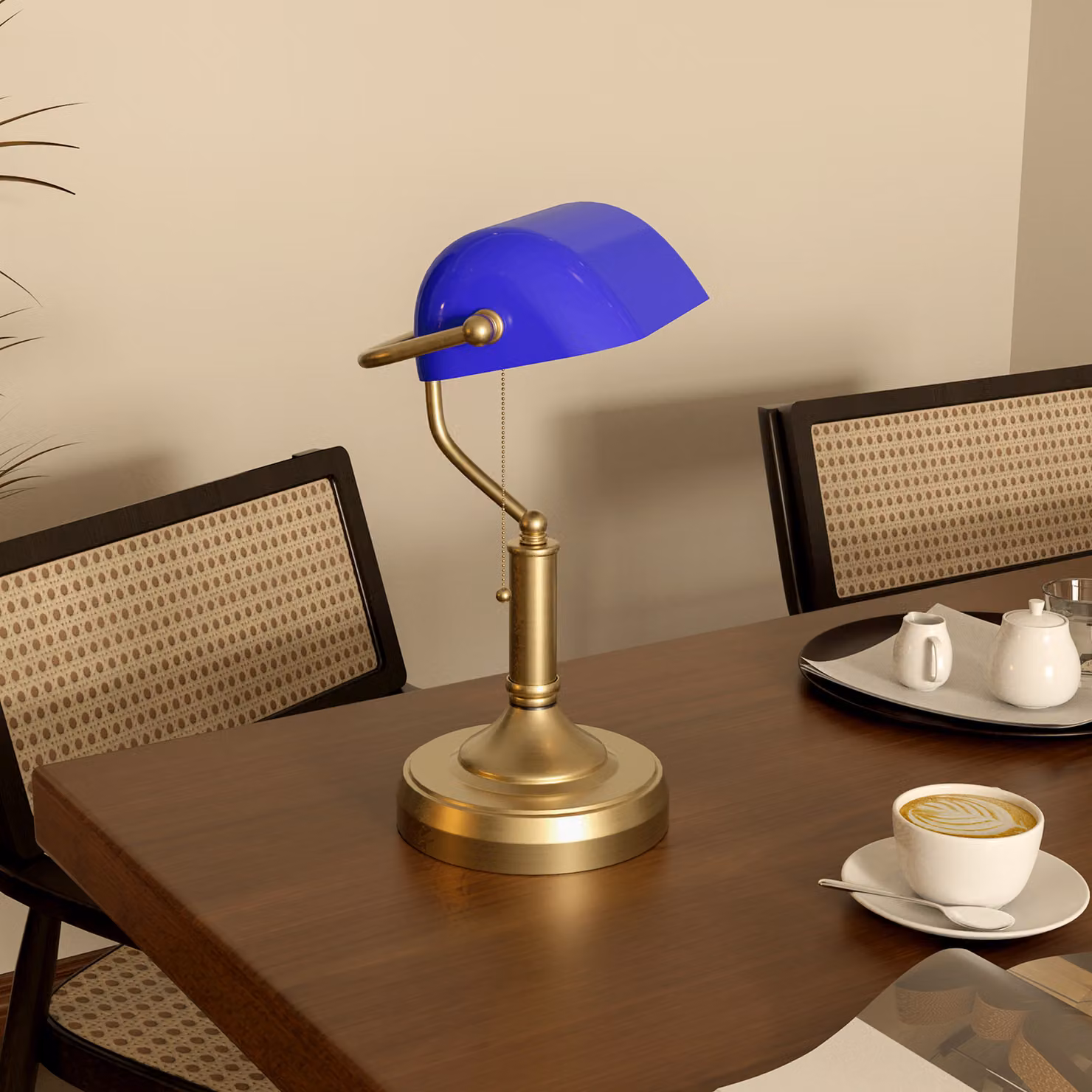 HOMCOM Banker's Desk Lamp with Antique Bronze Base and Blue Glass Shade – 4