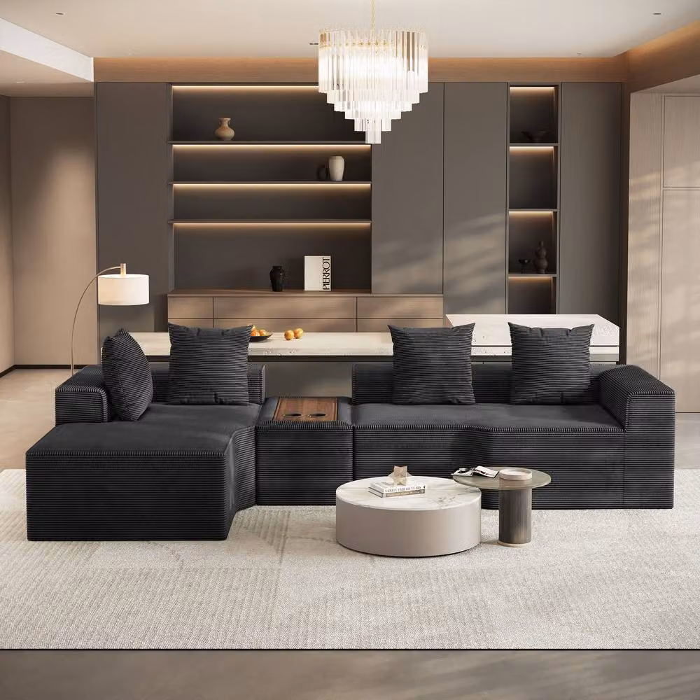 Dprodo Black Corduroy Left-Facing L-Shaped Modular Sofa with Cup Holder Table and Scatter Cushions, 320 cm – 2