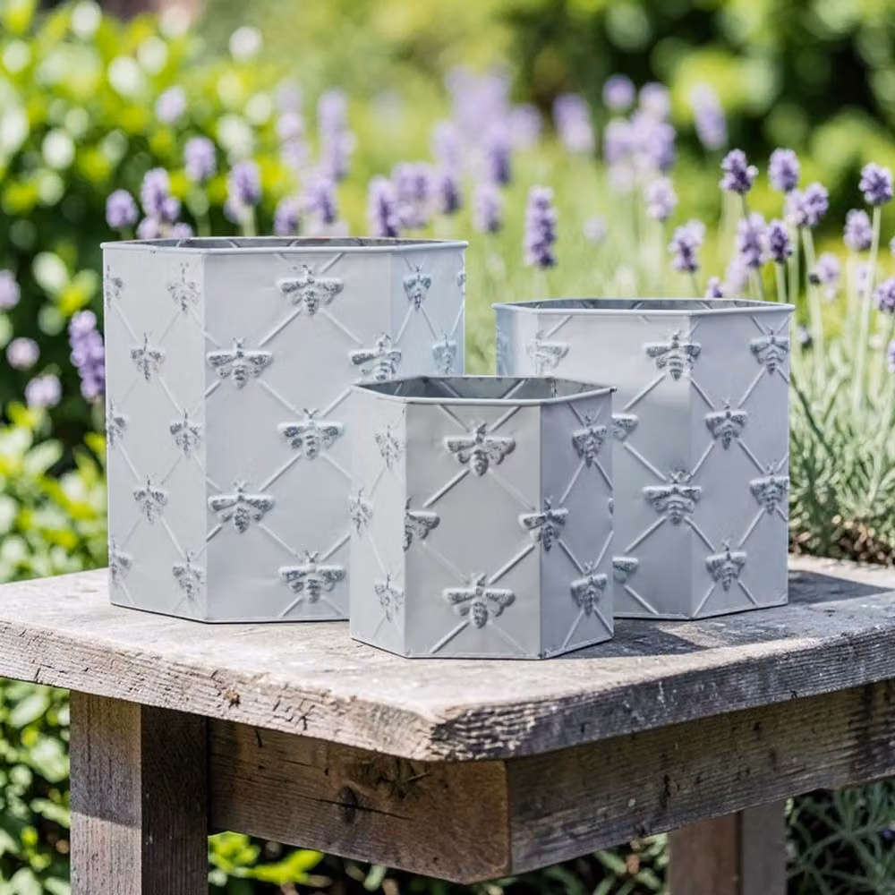 Four Candle Set of 3 White Hexagonal Galvanised Steel Planters – 2