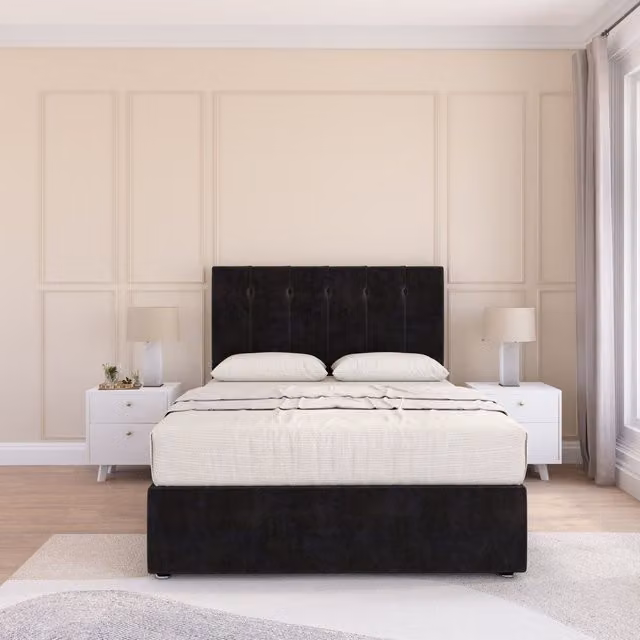 Sloomy Highbury Double Plush Velvet Hybrid Memory Foam Bed Set with Headboard in Black, W/D/H: 140 x 200 cm