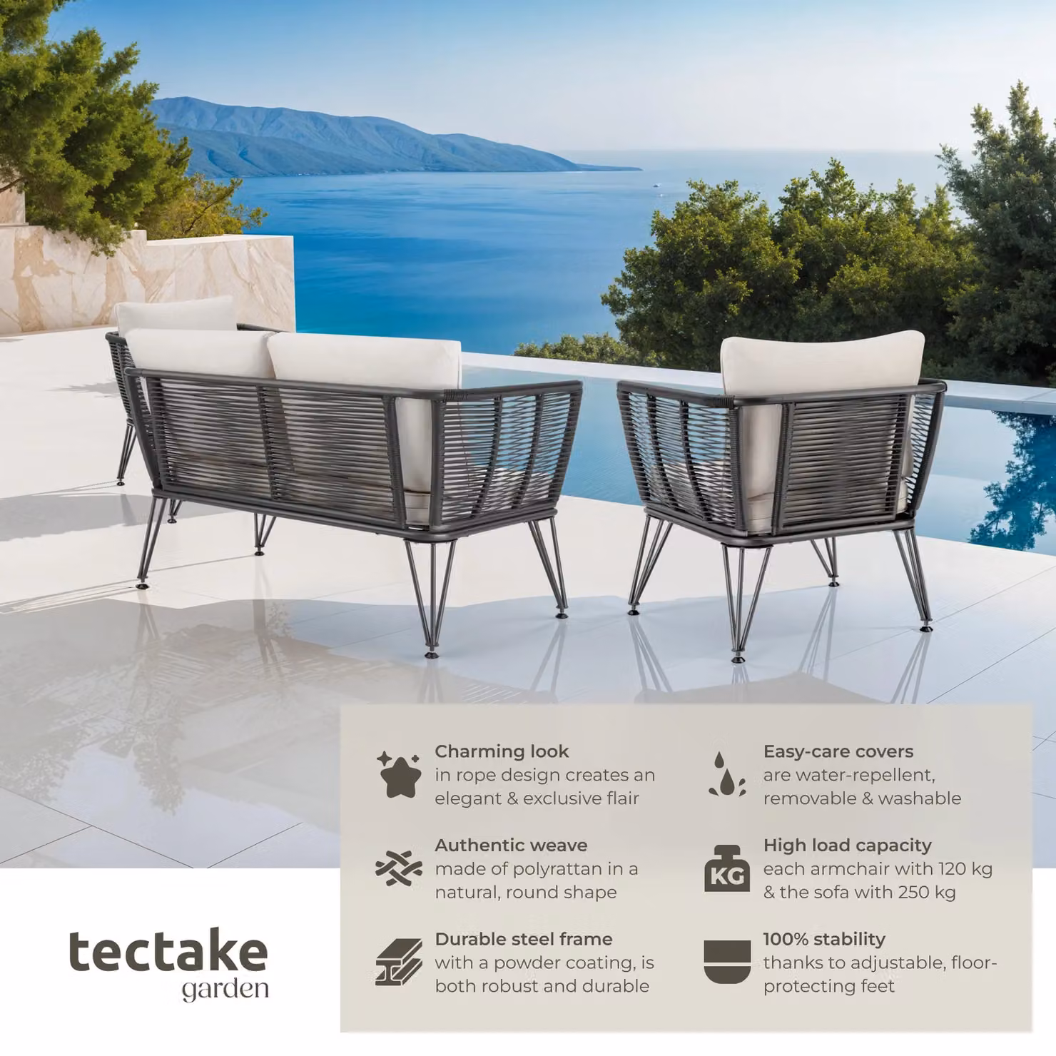 tectake Sundo L-Shape Garden Furniture Set in Grey with Upholstered Cushions for 4 Adults – 2