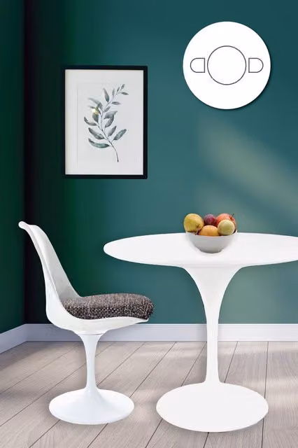 Fusion Living Tulip Set with White Medium Round Table and Two Chairs with Grey Textured Cushions