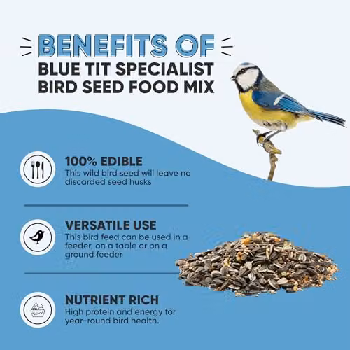 Happy Beaks Blue Tit Specialist Bird Seeds 12.75kg High Energy Natural Mix Feed with Split Maize and Black Sunflower Seed – 5