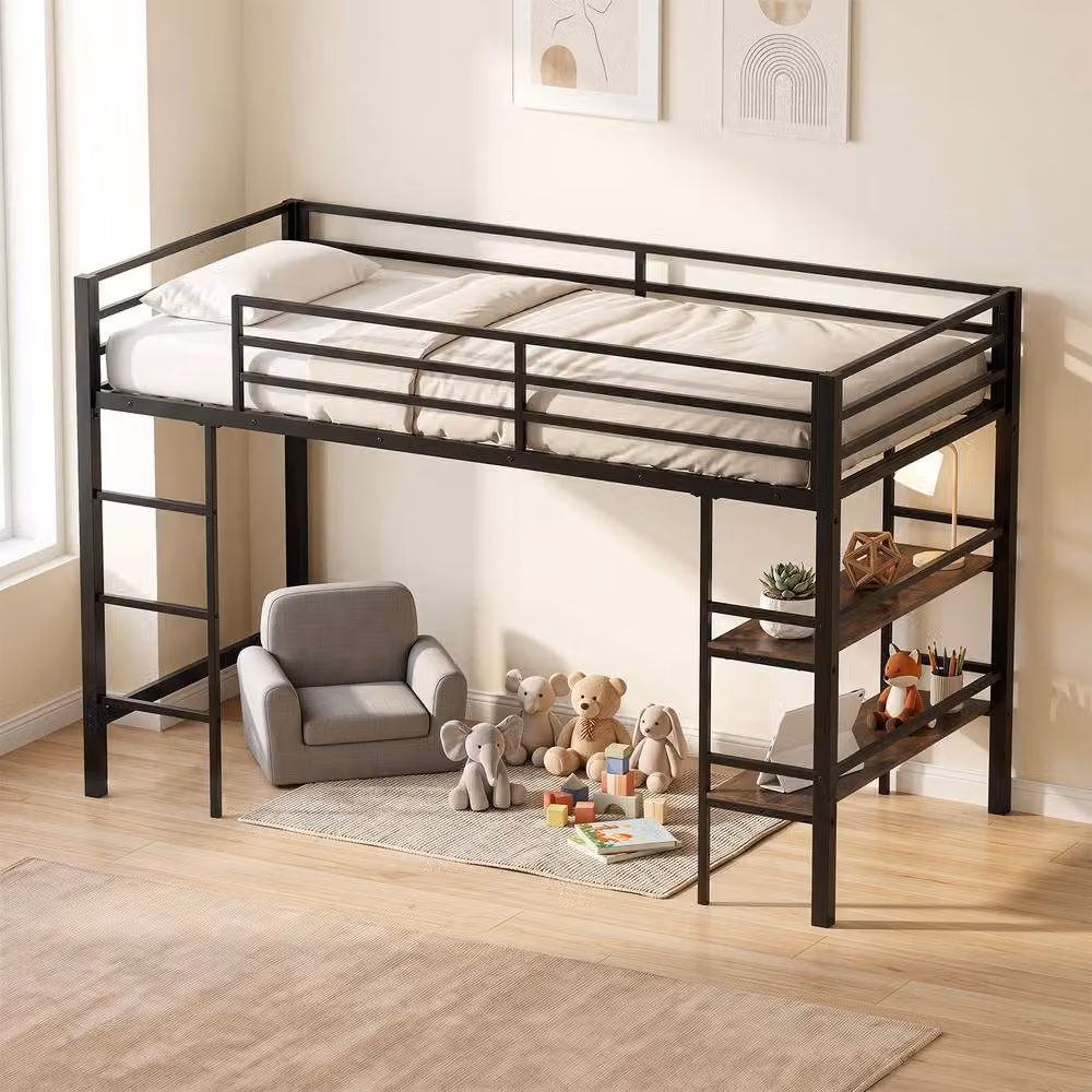 Costway Single Size Metal Loft Bed with Storage Shelves and Stairs in Brown – 3