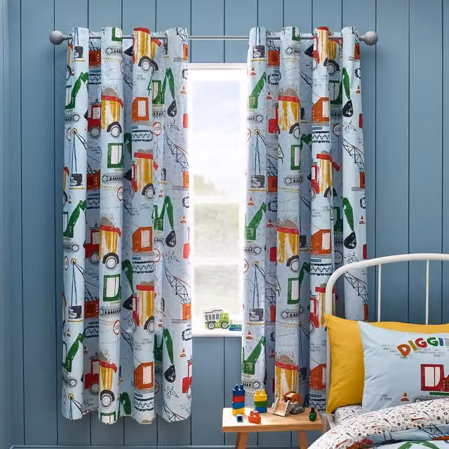 Catherine Lansfield Digger Dreams Eyelet Curtains, Blue, Width: 168 cm, Drop: 183 cm