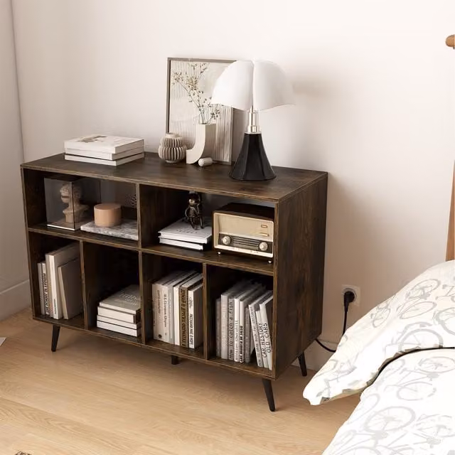 Costway 3-Tier Mid-Century Turntable Stand with Charging Station in Brown