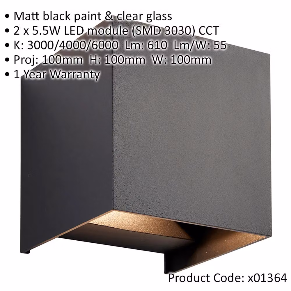 Loops 2 Pack Twin Outdoor IP44 Cube Wall Light in Matt Black with CCT LED – 2