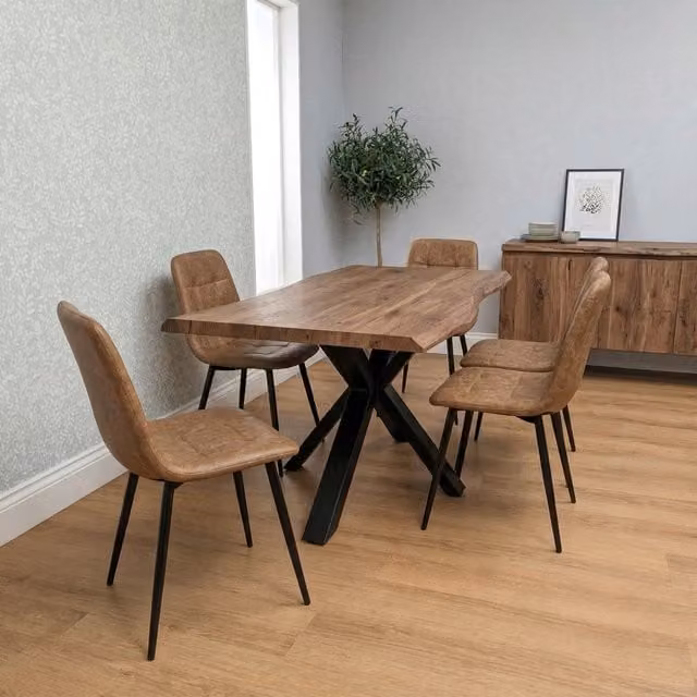 Kosy Koala 4 Seater Dining Set with Rectangular Rustic Brown Wooden Effect Table and 4 Black Faux Leather Chairs