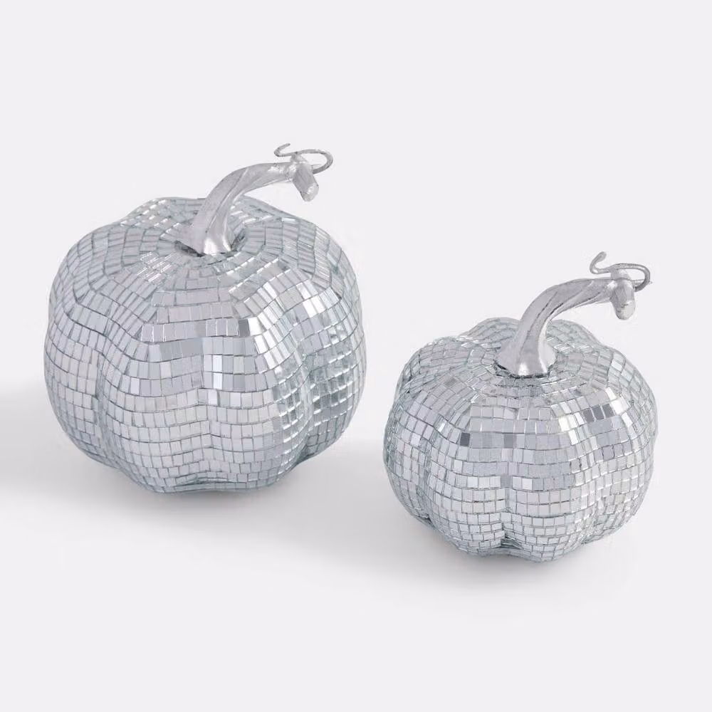 OHS 2 Pack Halloween Pumpkin Disco Mirror Ball Freestanding Party Decor in Silver – 2