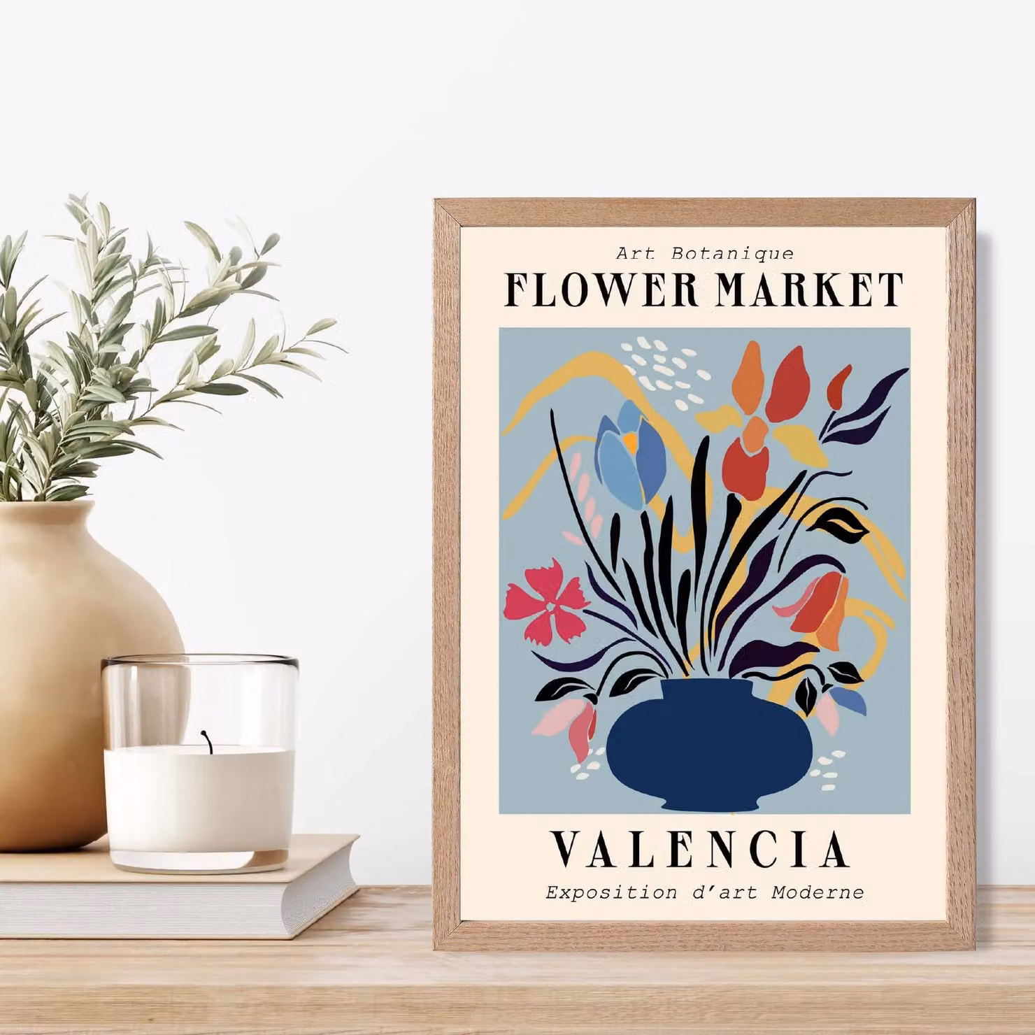 ARTZE Valencia Blue and Pink Flower Market Exhibition Framed Print with Oak Frame – 2