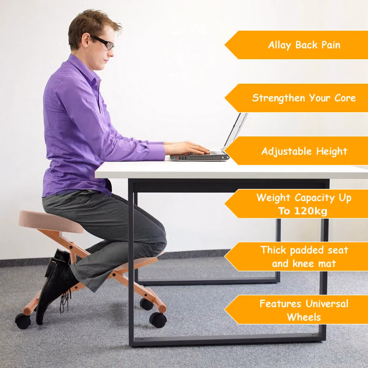 Costway Ergonomic Wooden Kneeling Orthopaedic Posture Stool with Castors in Black and Beige – 2