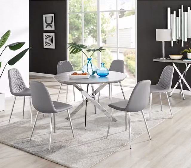 FurnitureboxUK Novara Grey Concrete Round Dining Table with 6 Corona Silver Leg Synthetic Leather Chairs