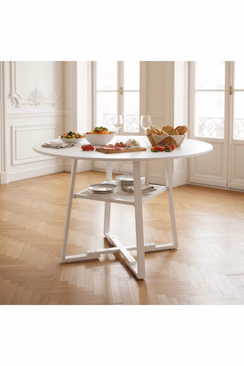 Living and Home Round Industrial Dining Table with Storage Shelf in White and Black – 2
