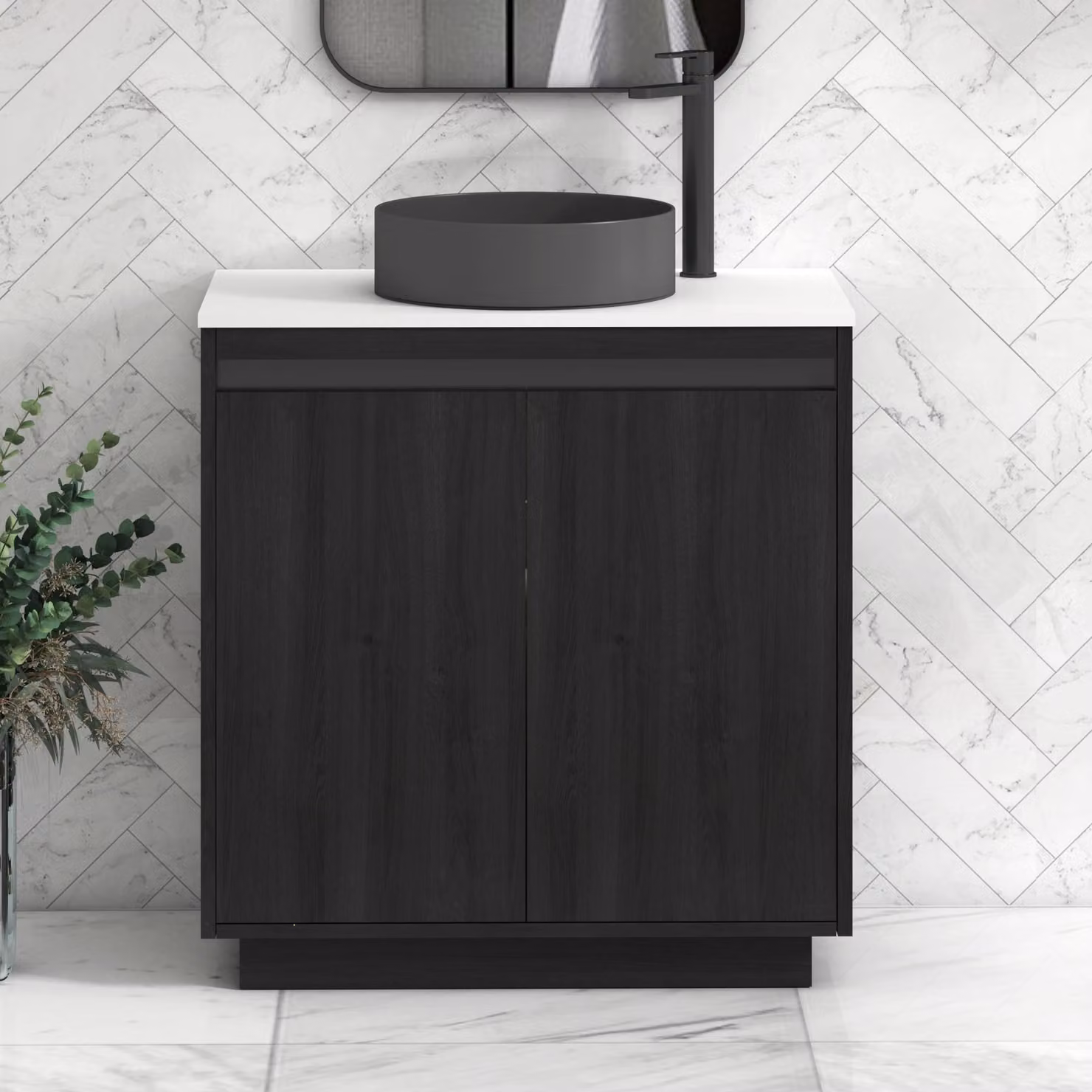 Royal Bathrooms Orion 800mm Hale Black and White Floor Standing 2 Door Vanity Unit with Art Round Basin and Black Accent Trim
