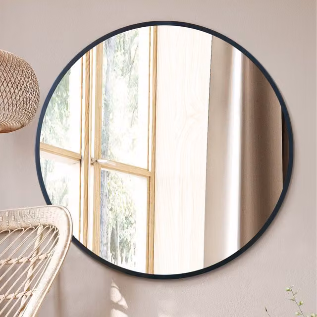 MirrorOutlet Fenestra Modern Round Black Metal and Glass Wall Mirror, Diameter: 88.9 cm