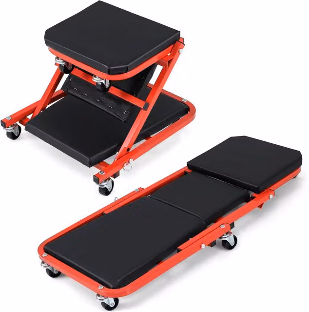 Costway 2-in-1 Folding Rolling Creeper Seat with Red PVC Padded Seat – 1