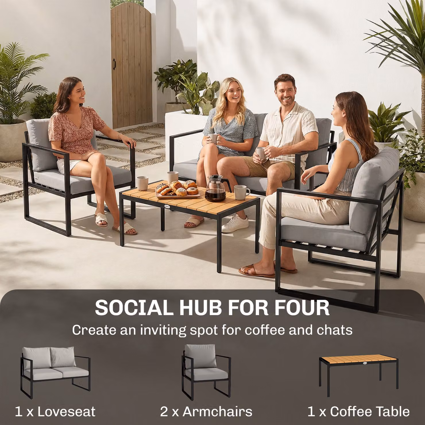 Outsunny 4 Piece Outdoor Garden Furniture Set with Slatted Table in Grey – 6