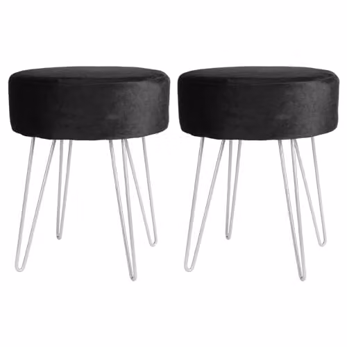 Harbour Housewares Velvet Round Footstools, Pack of 2, Black with Silver Legs, H41 x D35 cm – 1
