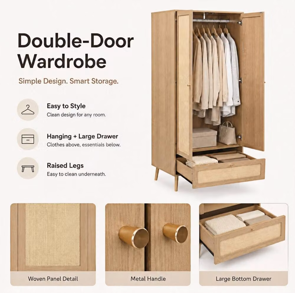 STILVORA Modern Wardrobe with Rattan-Effect Panels and Integrated Drawers in Oak Brown and Beige – 4