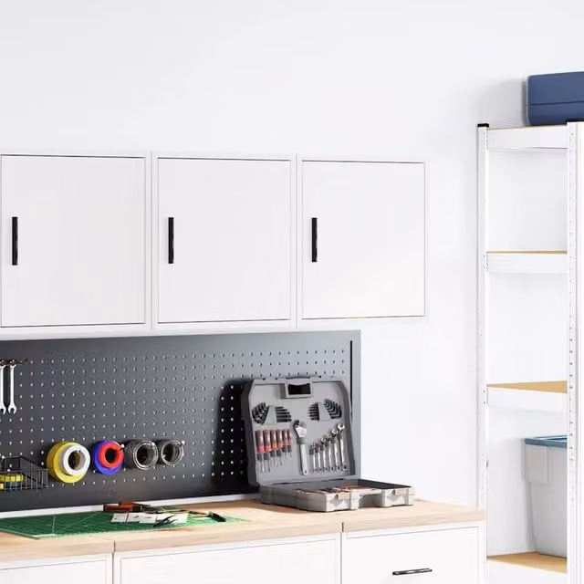 Berkfield Home Set of 2 White Wall Mounted Garage Cabinets with Hinged Doors and Internal Shelves, W/D/H: 41 x 40 x 30 cm
