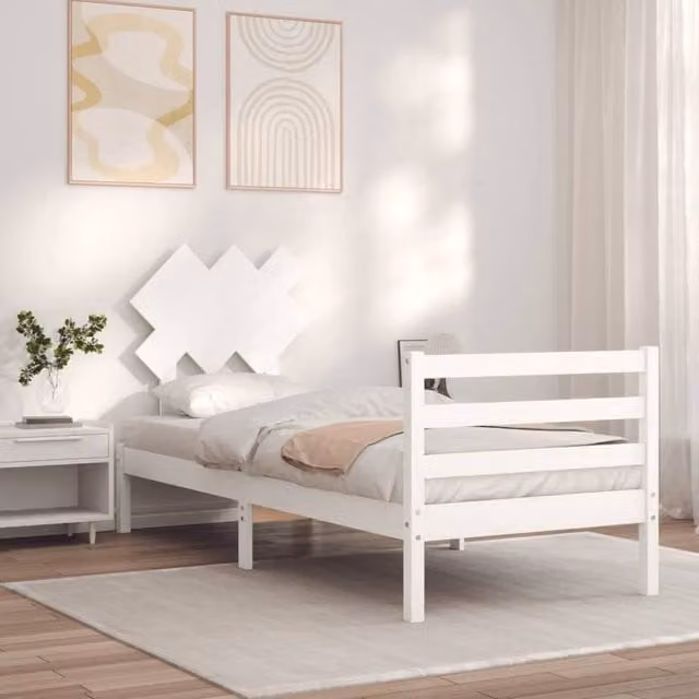 Berkfield Home Beautiful Single Solid Wood Bed Frame with Headboard in White, W/D/H: 90 x 190 cm – 1