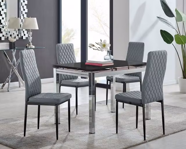 FurnitureboxUK Enna Black Glass Extending Rectangular Dining Table and 4 Milan Black Leg Chairs in Grey
