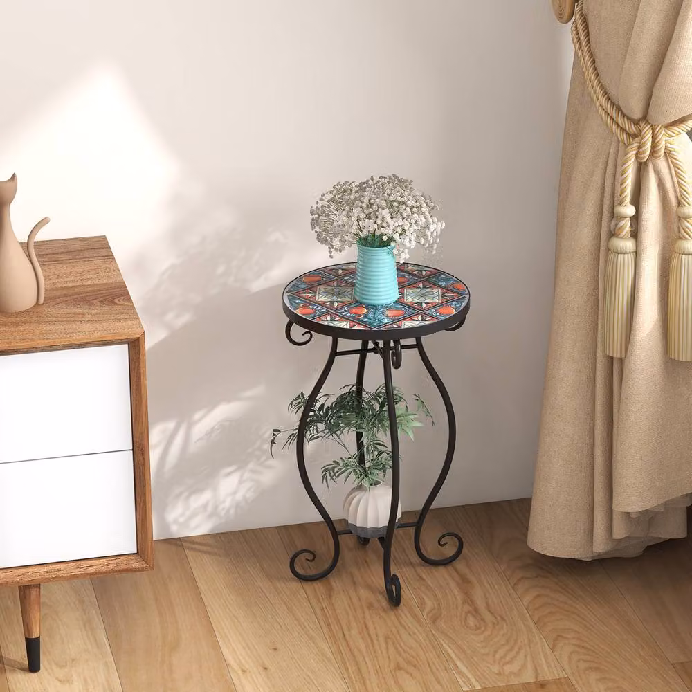 Costway Mosaic Round Outdoor Side Table with Multicolour Floral Ceramic Top and Metal Frame – 9