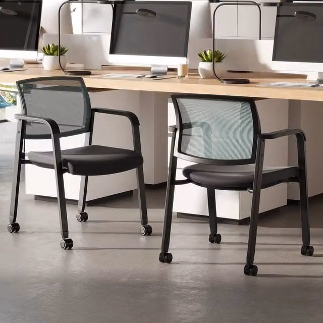 SPETLEK Set of 2 Black Stackable Mesh Office Guest Chairs with Armrests and Castors – 1