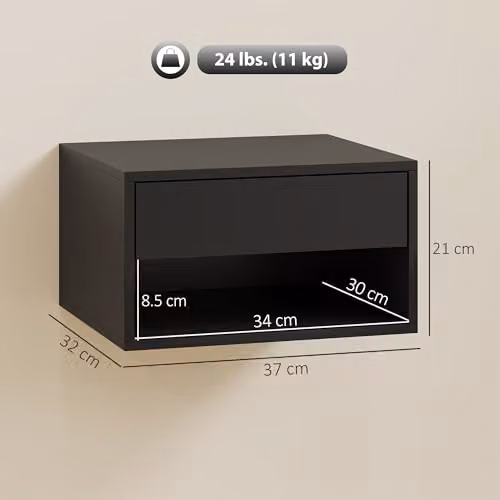HOMCOM Set of 2 Black Wall Mounted Floating Nightstands with Drawer and Open Shelf – 3