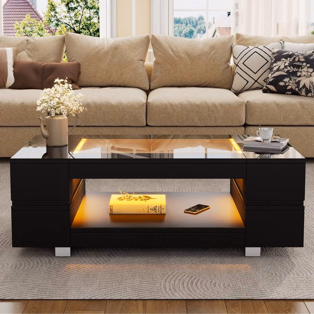 ModernLuxe High Gloss Rectangular Hollow Coffee Table with LED and Open Storage in Black – 2