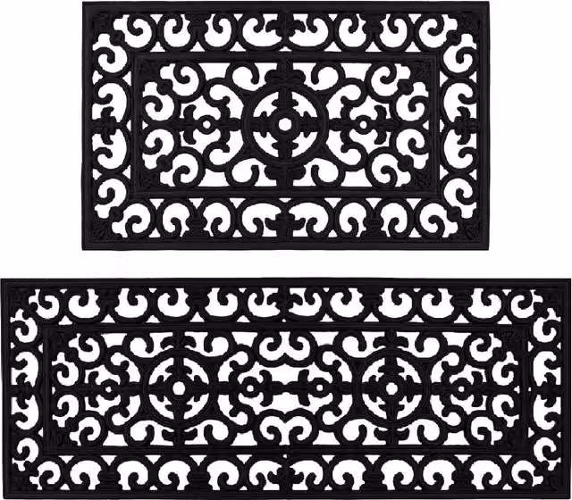 JVL Lexi Black Rubber Mat and Runner Set with Non-Slip and Weatherproof Graphic Design