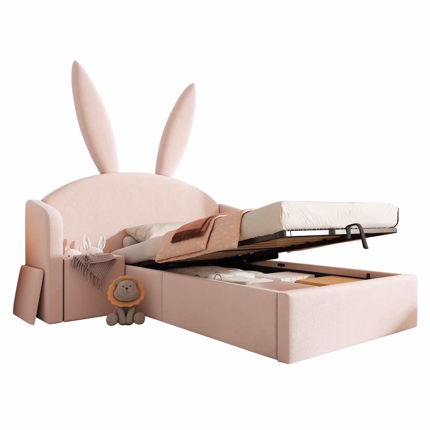 Aosom UK Bunny Ears Childrens Upholstered Bed Frame with Hydraulic Storage and Padded Headboard, Pink, W/D/H: 149 x 206 x 143 cm – 2