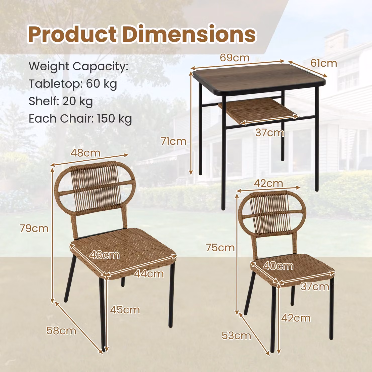 Gymax Brown Rattan Patio Dining Set with 2 Stackable Wicker Chairs and Dining Table – 3