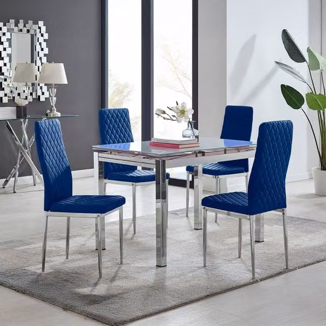 FurnitureboxUK Enna White Glass Extending Dining Table and 4 Navy Velvet Milan Chairs