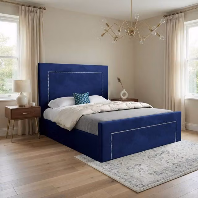 Casani Kettleshulme Upholstered Blue Velvet Designer Bed Frame, W/D/H: 90 x 190 cm