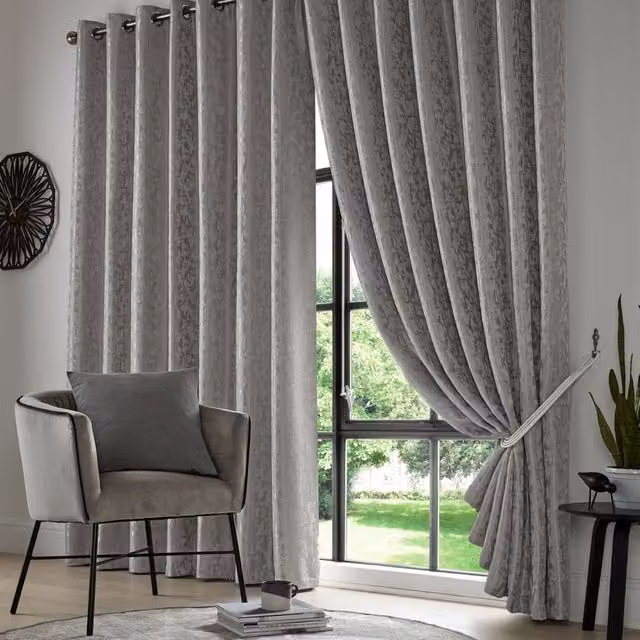 Terrys Keswick Modern Plain Blackout Eyelet Curtains in Silver Grey