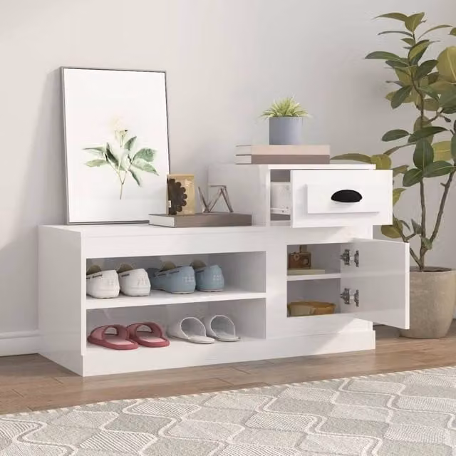 Berkfield Home High Gloss White Shoe Cabinet with Integrated Seat, W: 100 cm, D: 42 cm, H: 60 cm – 1